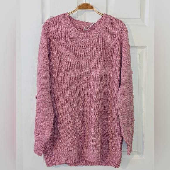 Women Long Sleeve Chunky Knit Pullover Crewneck Pink Detail Sleeve Large NWT - Picture 2 of 10